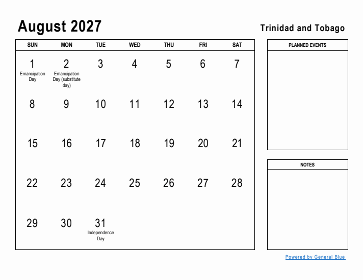 August 2027 Printable Monthly Calendar with Trinidad and Tobago Holidays