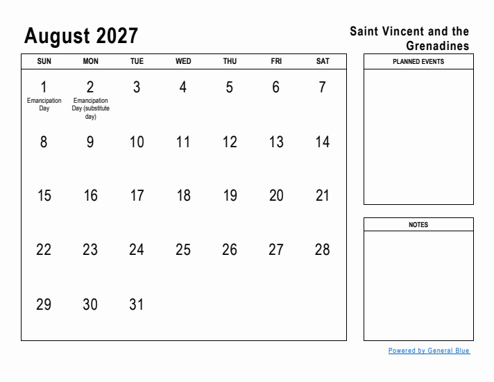 August 2027 Printable Monthly Calendar with Saint Vincent and the Grenadines Holidays
