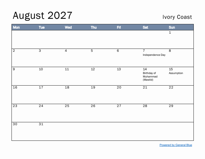 August 2027 Simple Monthly Calendar for Ivory Coast