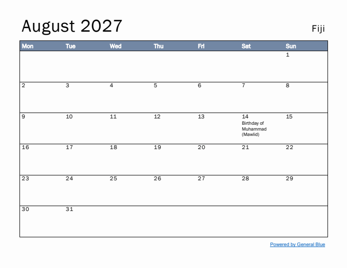August 2027 Simple Monthly Calendar for Fiji