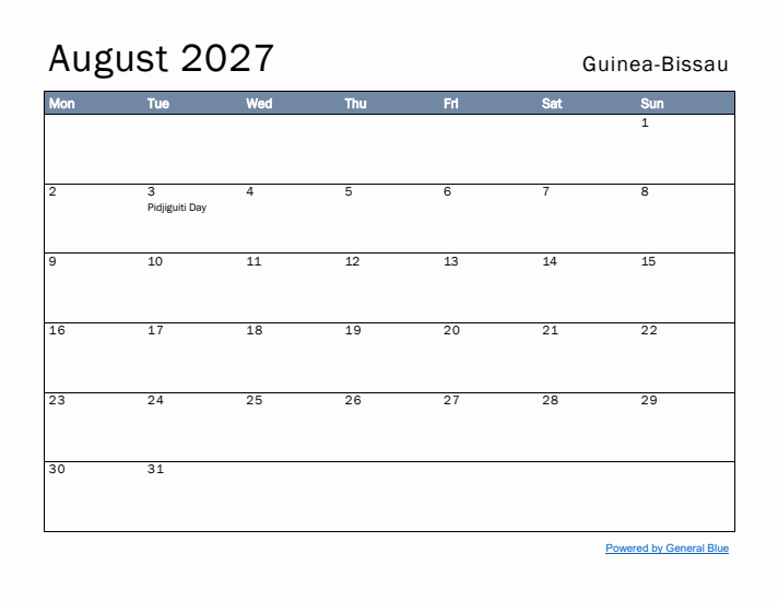 August 2027 Simple Monthly Calendar for Guinea-Bissau