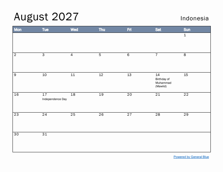 August 2027 Simple Monthly Calendar for Indonesia