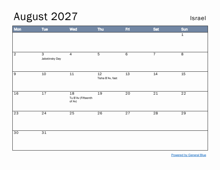 August 2027 Simple Monthly Calendar for Israel