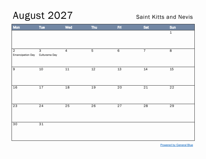 August 2027 Simple Monthly Calendar for Saint Kitts and Nevis