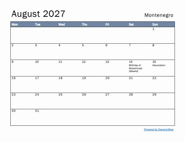 August 2027 Simple Monthly Calendar for Montenegro