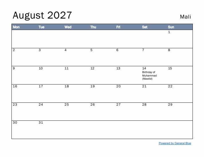 August 2027 Simple Monthly Calendar for Mali