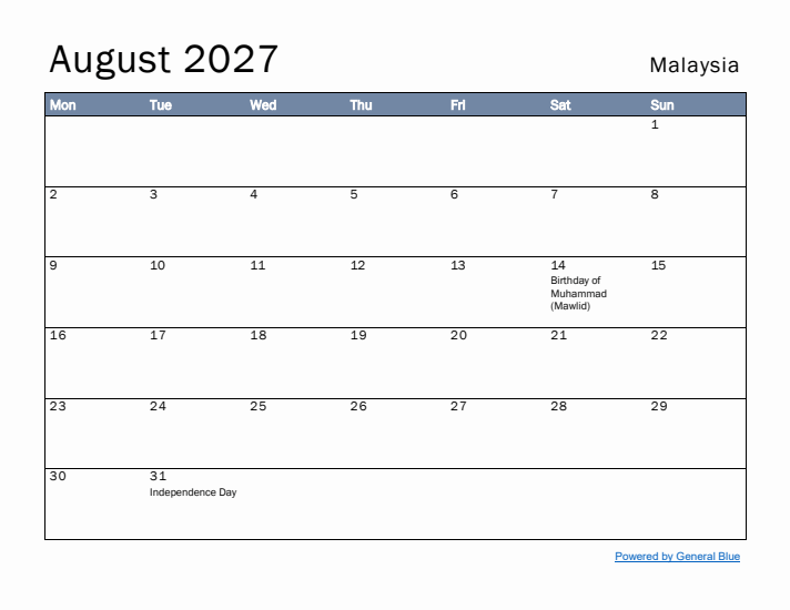 August 2027 Simple Monthly Calendar for Malaysia