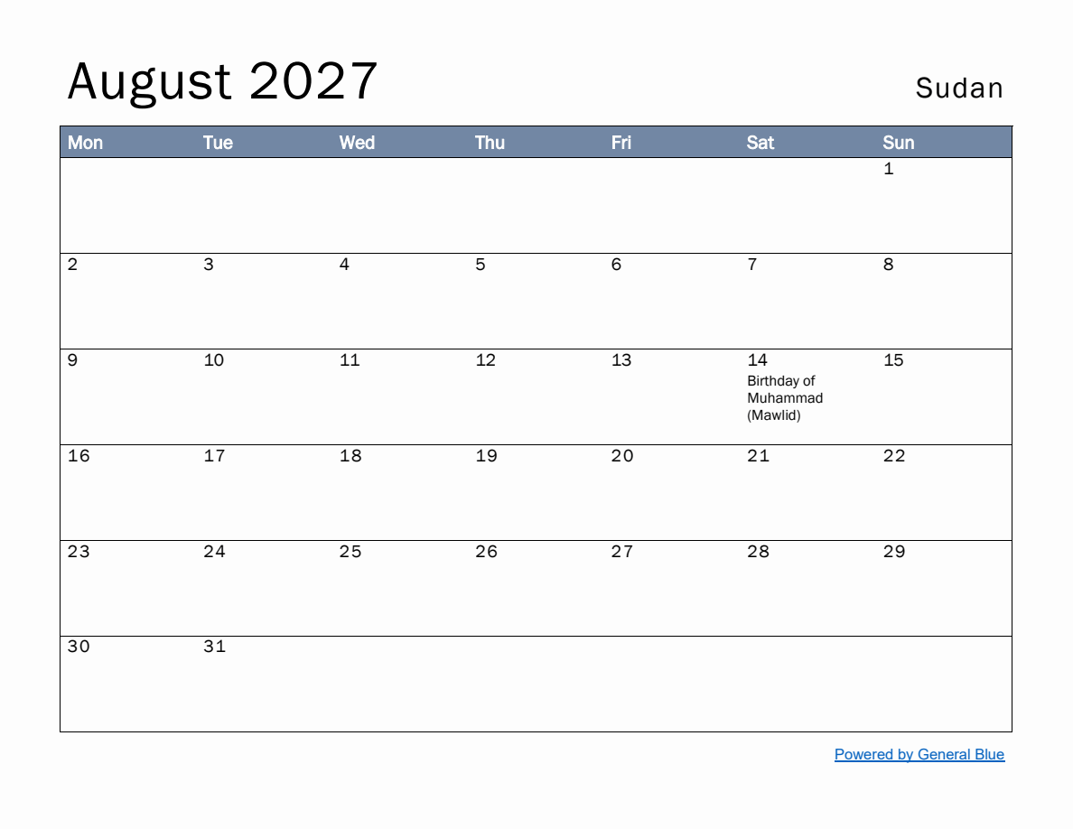 Free Monthly Calendar Template for August 2027 with Sudan Holidays ...