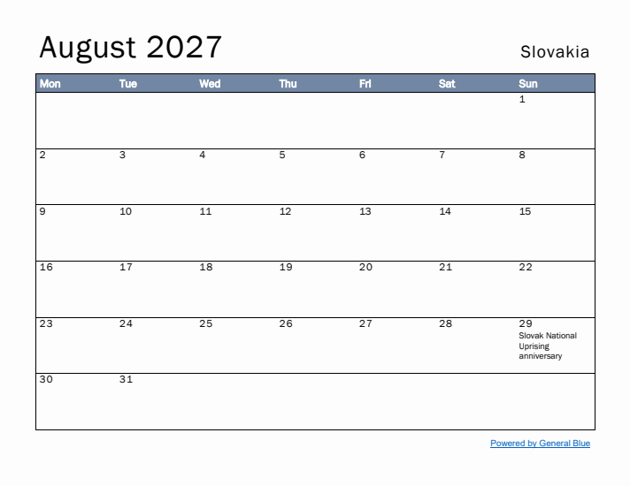 August 2027 Simple Monthly Calendar for Slovakia