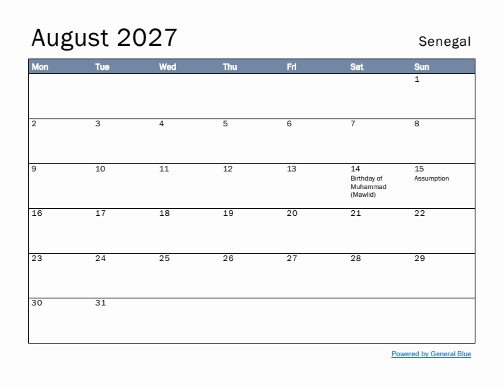 August 2027 Simple Monthly Calendar for Senegal
