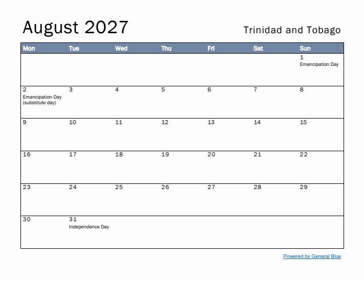 August 2027 Simple Monthly Calendar for Trinidad and Tobago