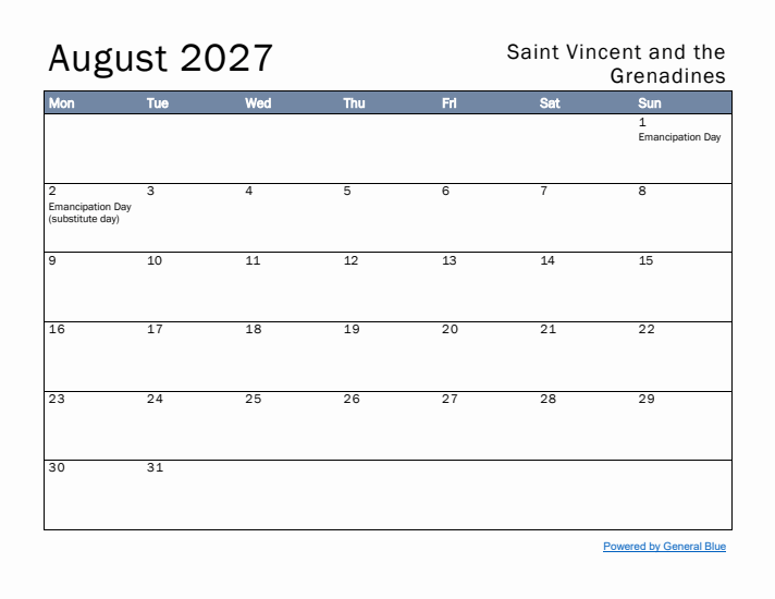 August 2027 Simple Monthly Calendar for Saint Vincent and the Grenadines