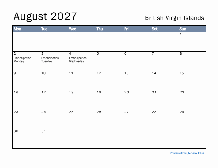 August 2027 Simple Monthly Calendar for British Virgin Islands