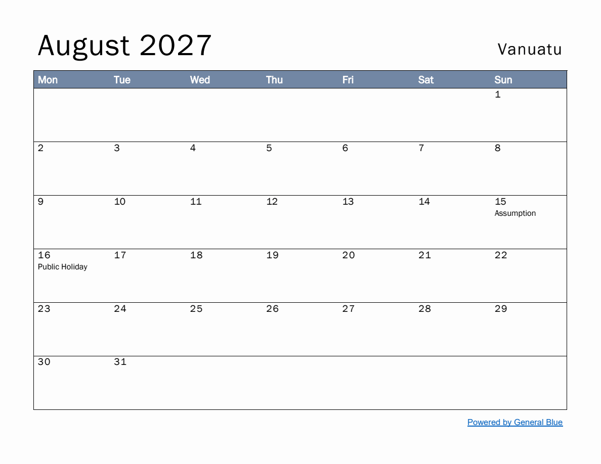 Free Monthly Calendar Template for August 2027 with Vanuatu Holidays ...