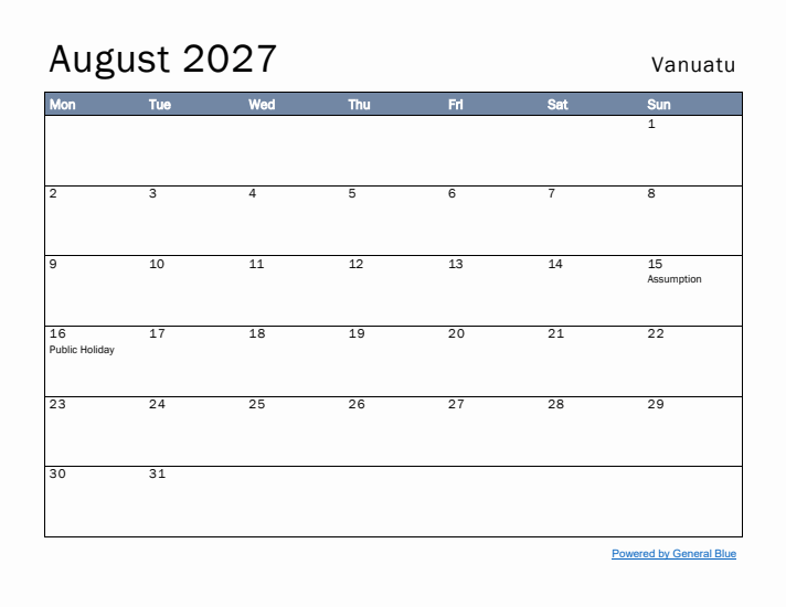 August 2027 Simple Monthly Calendar for Vanuatu