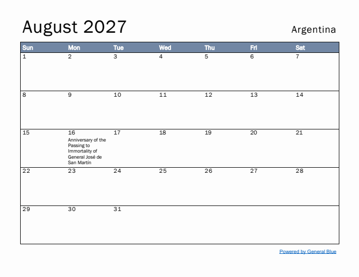 August 2027 Simple Monthly Calendar for Argentina