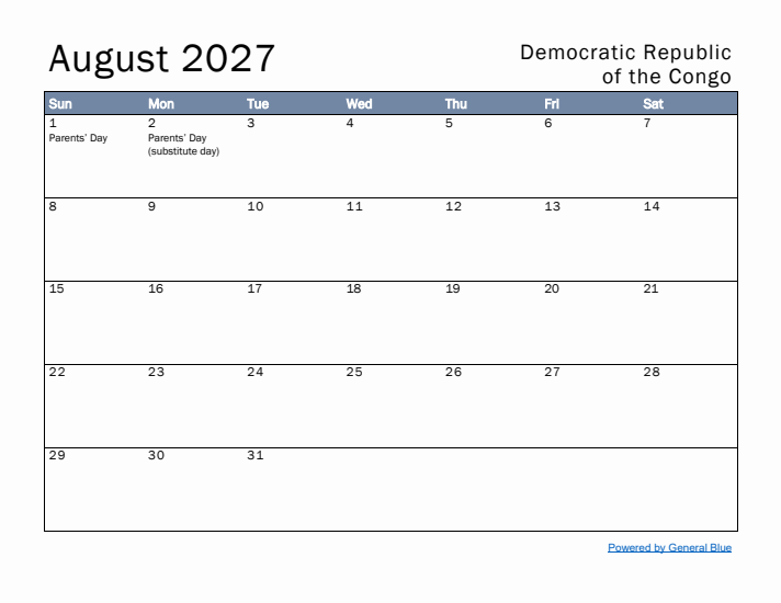 August 2027 Simple Monthly Calendar for Democratic Republic of the Congo