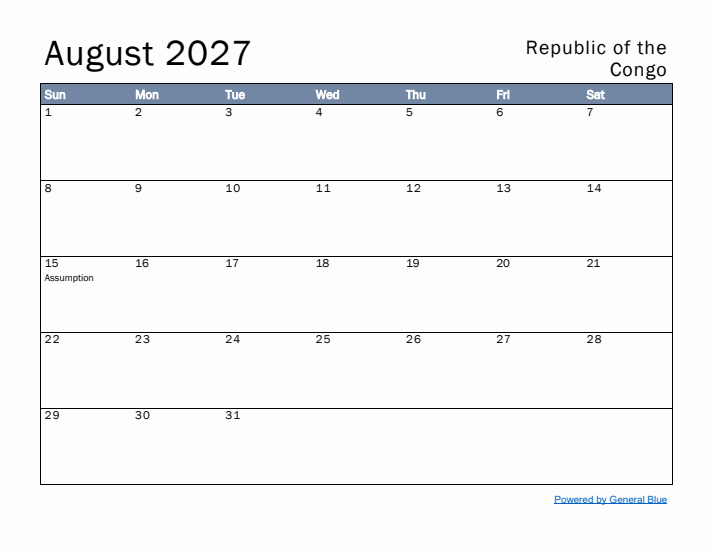 August 2027 Simple Monthly Calendar for Republic of the Congo