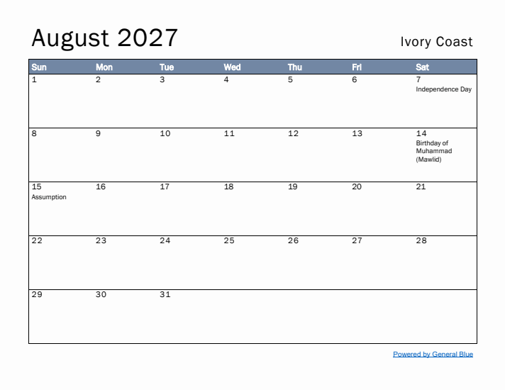 August 2027 Simple Monthly Calendar for Ivory Coast