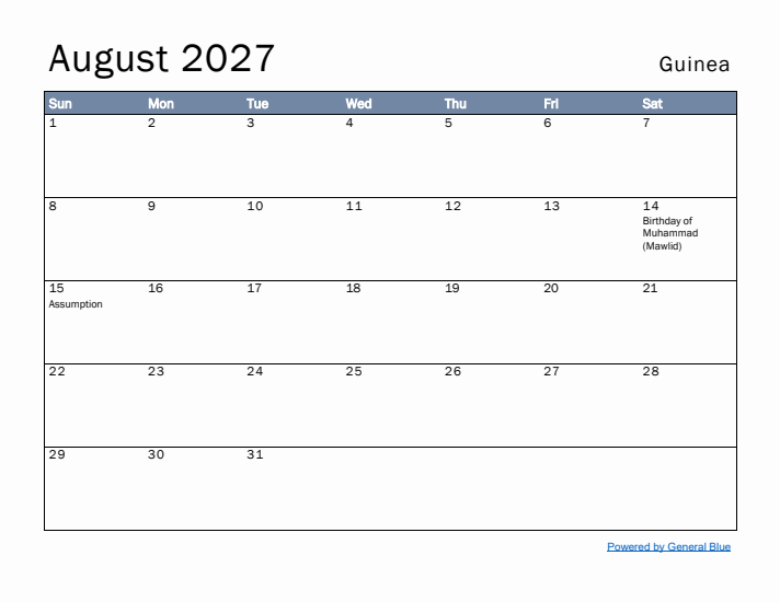 August 2027 Simple Monthly Calendar for Guinea
