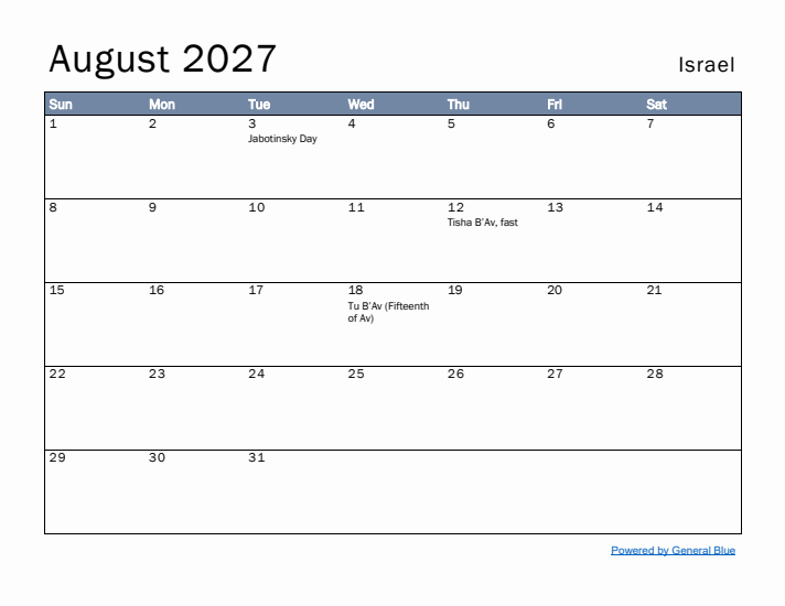 August 2027 Simple Monthly Calendar for Israel