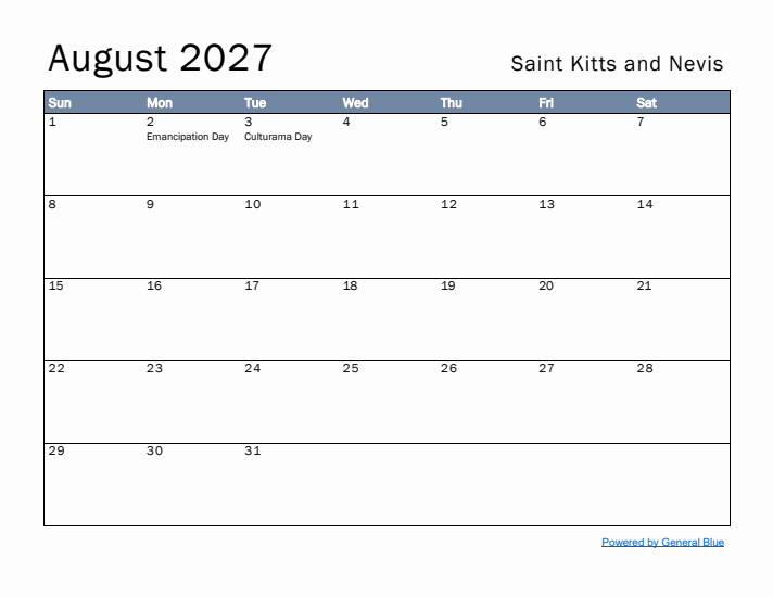 August 2027 Simple Monthly Calendar for Saint Kitts and Nevis