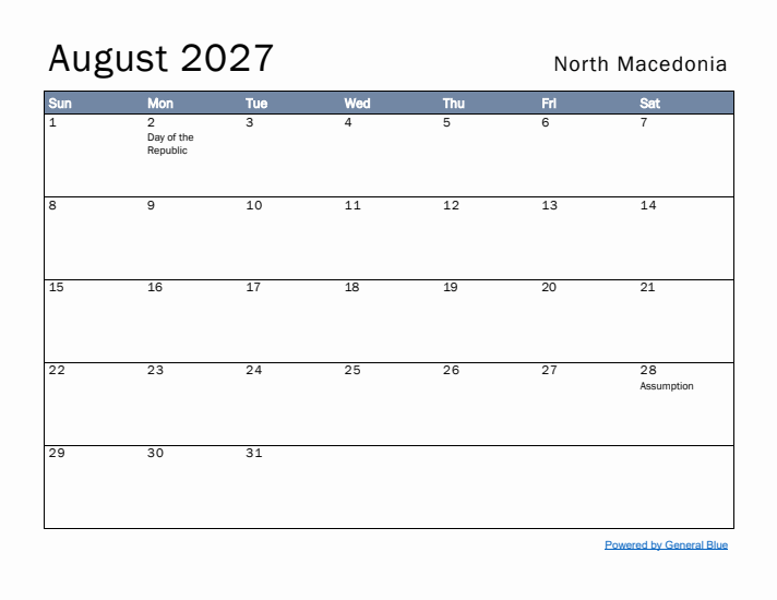August 2027 Simple Monthly Calendar for North Macedonia