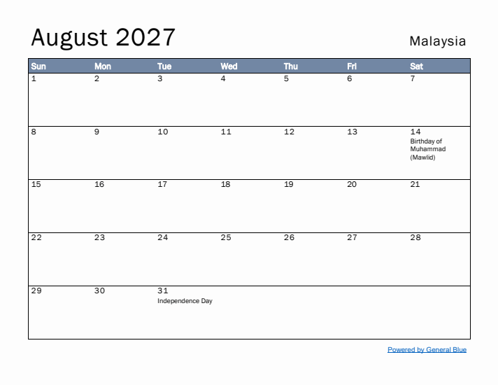 August 2027 Simple Monthly Calendar for Malaysia