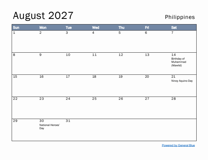 August 2027 Simple Monthly Calendar for Philippines
