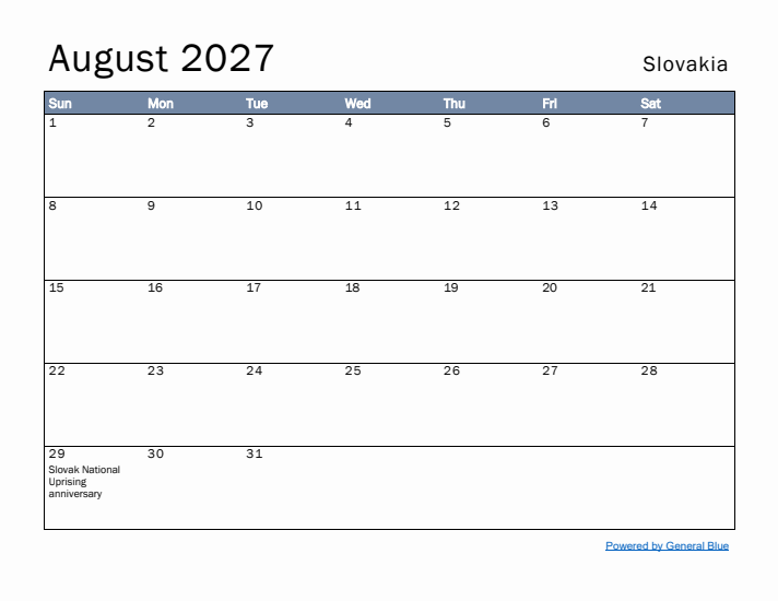 August 2027 Simple Monthly Calendar for Slovakia