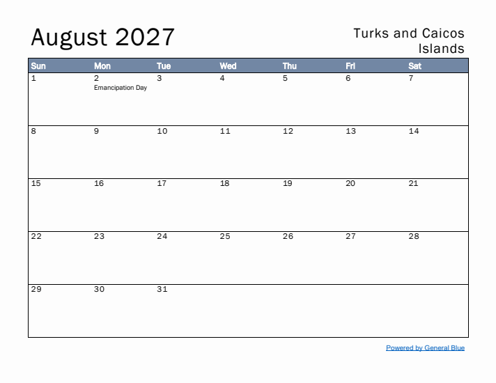 August 2027 Simple Monthly Calendar for Turks and Caicos Islands