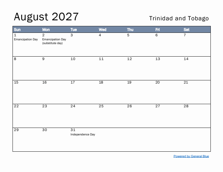 August 2027 Simple Monthly Calendar for Trinidad and Tobago
