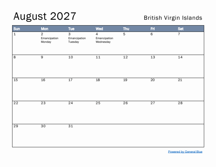 August 2027 Simple Monthly Calendar for British Virgin Islands