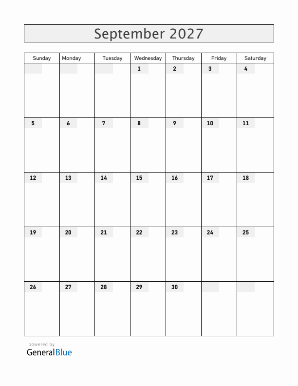 Blank September 2027 Calendar
