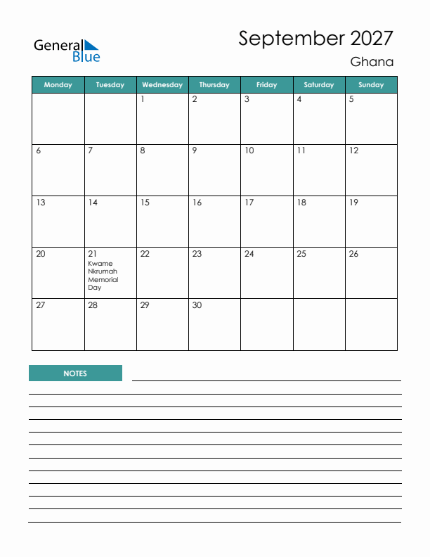 Calendar with Notes Printable - Monday Start