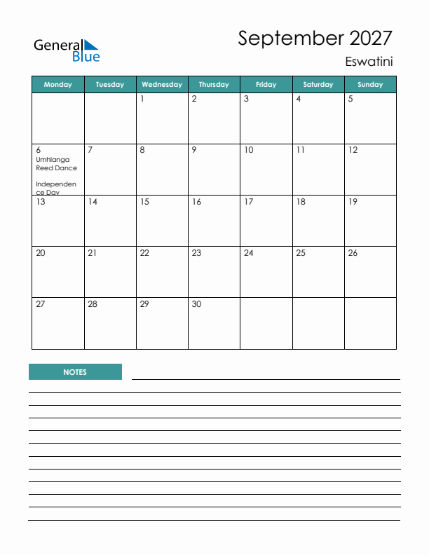 Calendar with Notes Printable - Monday Start