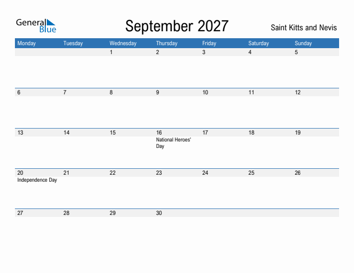 Fillable September 2027 Calendar