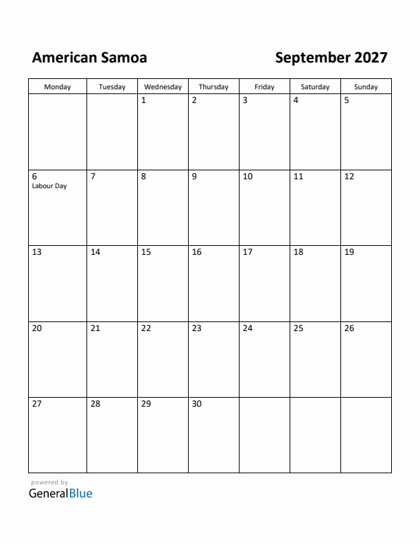 September 2027 Calendar with American Samoa Holidays