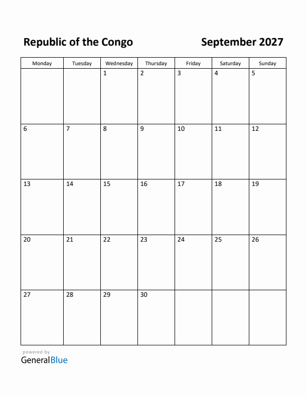 September 2027 Calendar with Republic of the Congo Holidays