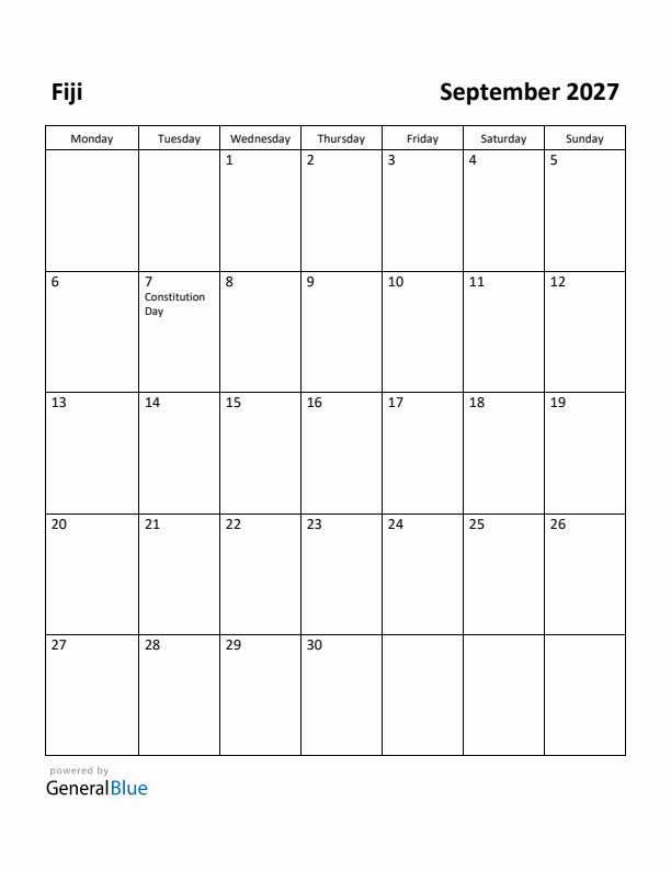 September 2027 Calendar with Fiji Holidays