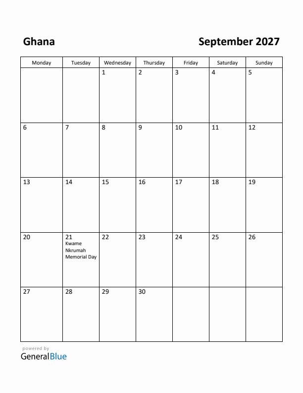 September 2027 Calendar with Ghana Holidays