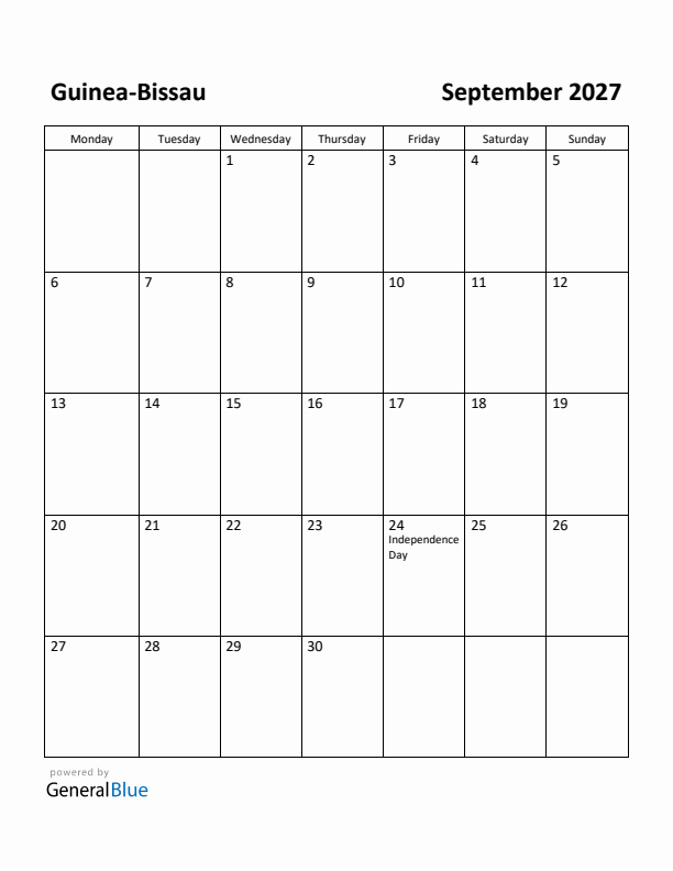 September 2027 Calendar with Guinea-Bissau Holidays