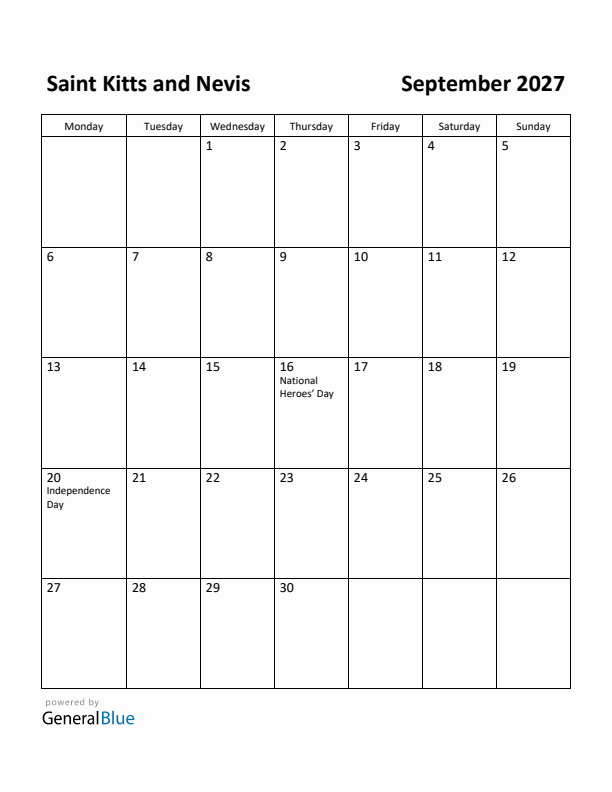 September 2027 Calendar with Saint Kitts and Nevis Holidays