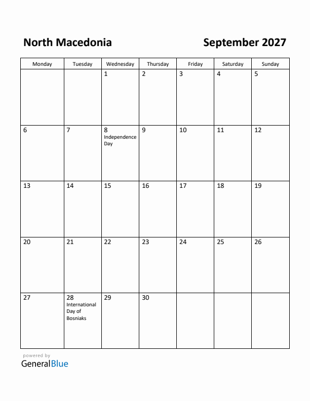 September 2027 Calendar with North Macedonia Holidays
