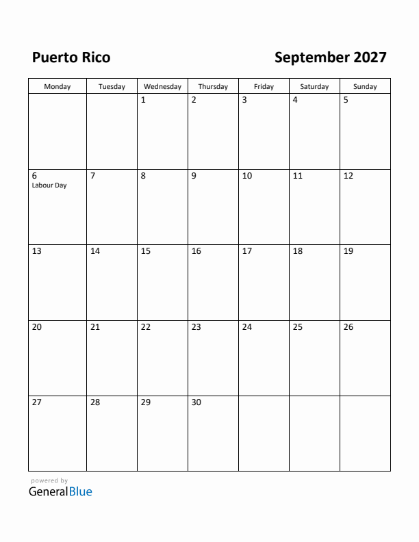 September 2027 Calendar with Puerto Rico Holidays