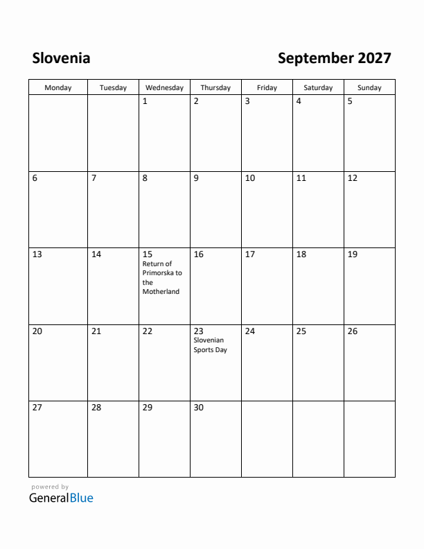 September 2027 Calendar with Slovenia Holidays