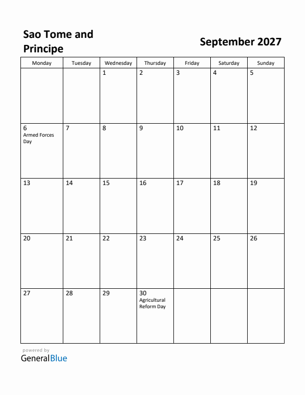 September 2027 Calendar with Sao Tome and Principe Holidays