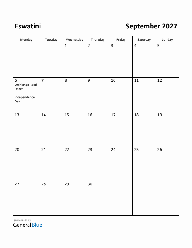 September 2027 Calendar with Eswatini Holidays