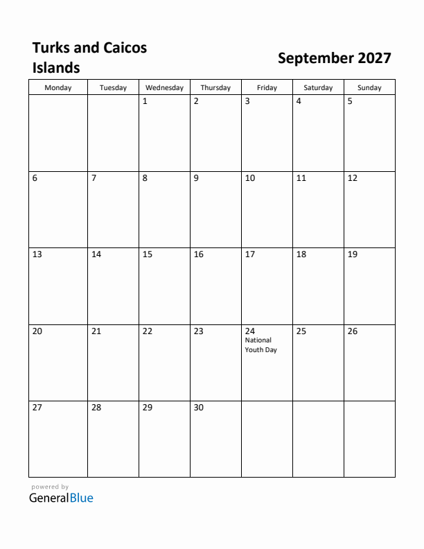 September 2027 Calendar with Turks and Caicos Islands Holidays