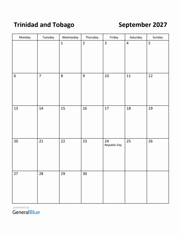 September 2027 Calendar with Trinidad and Tobago Holidays